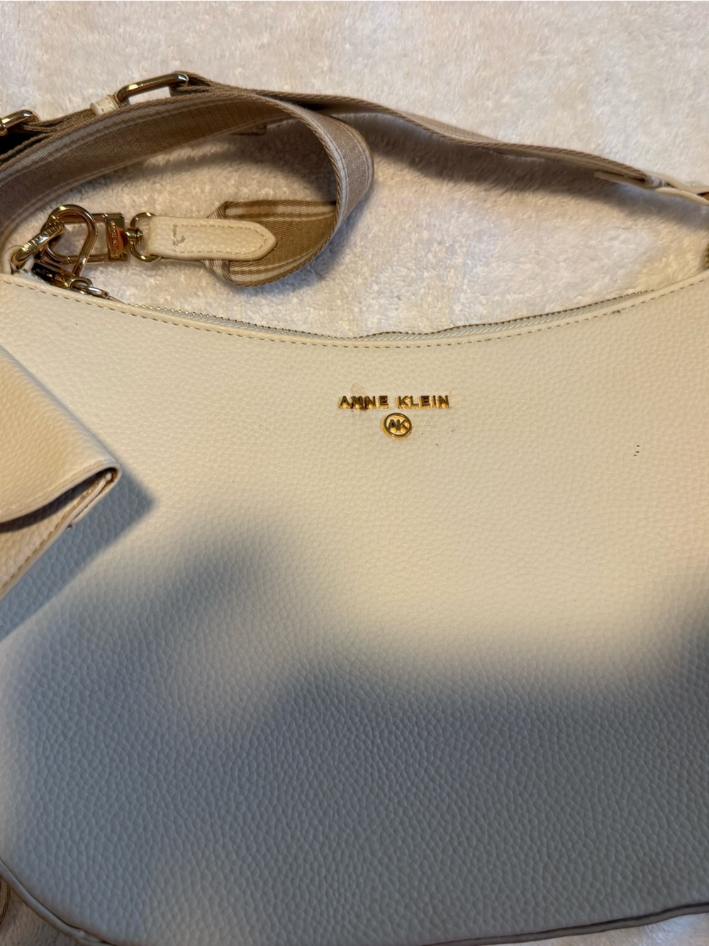 Anne Klein Off-White Pebbled Leather Hobo Shoulder Bag with Gold Hardware